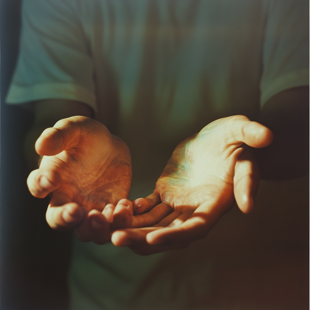 Godlike hands emerge from void in melancholy photograph.