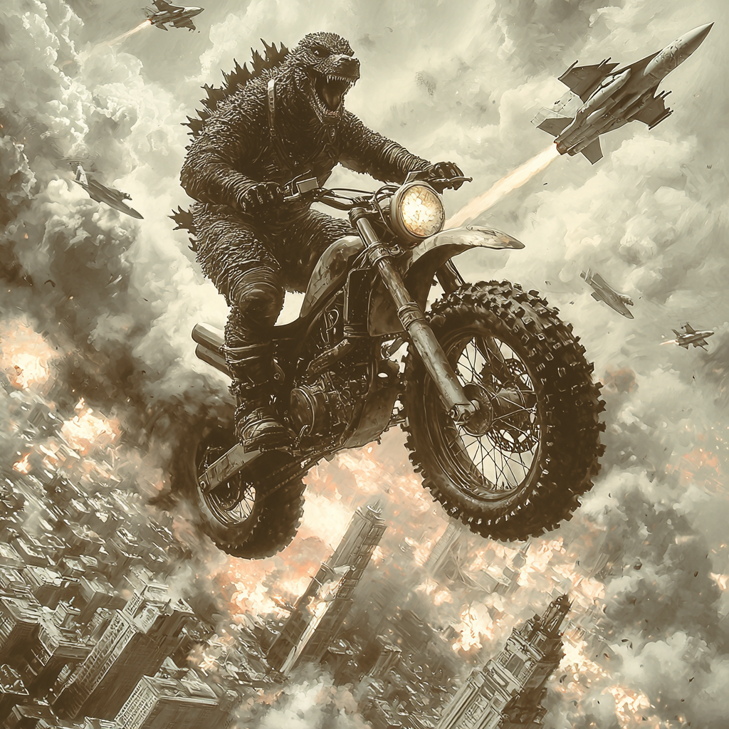 Godzilla on Dirtbike with Rocket Launcher Jumping Over Moon Cityscape 