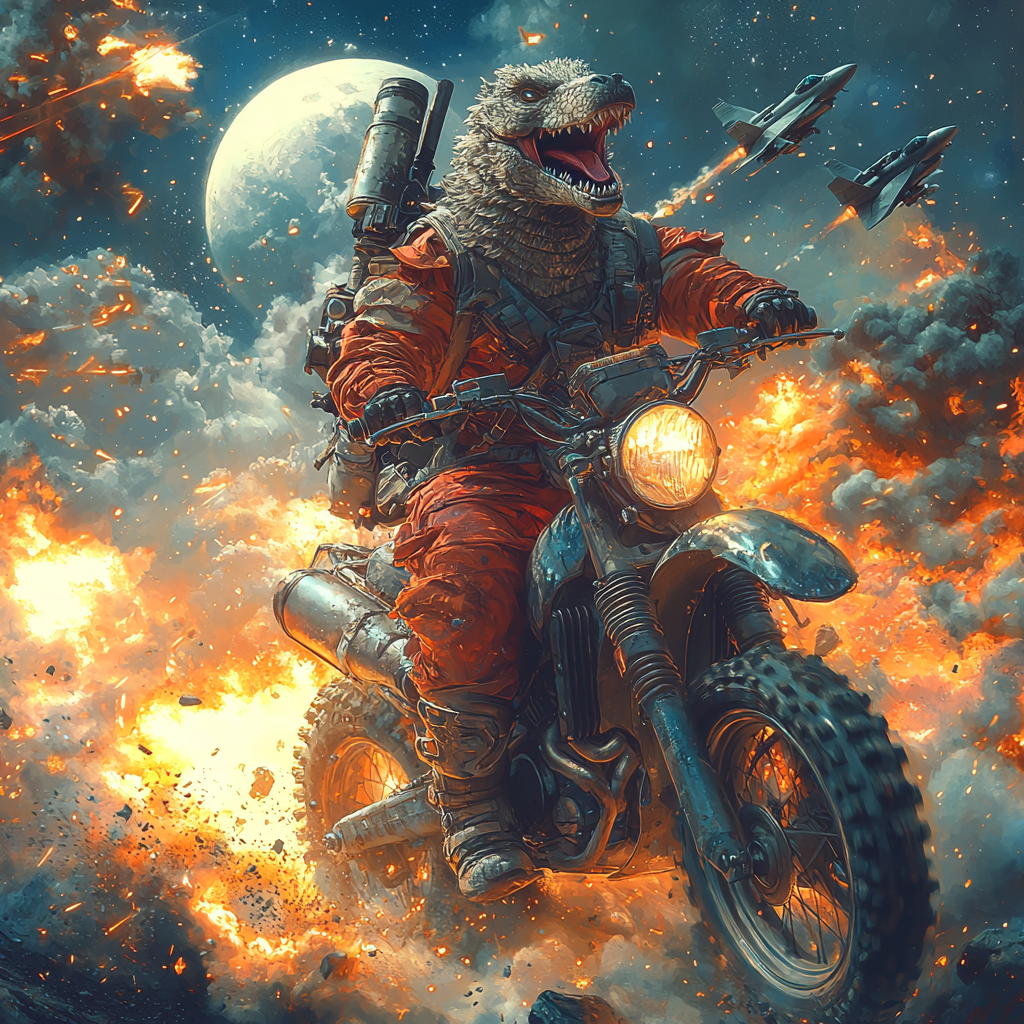 Godzilla on Dirtbike with Rocket Launcher in Space.