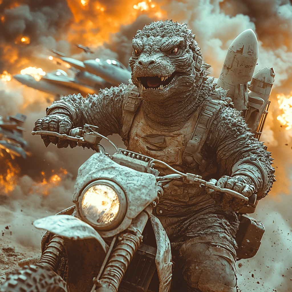 Godzilla on Dirtbike with Rocket Launcher on Moon