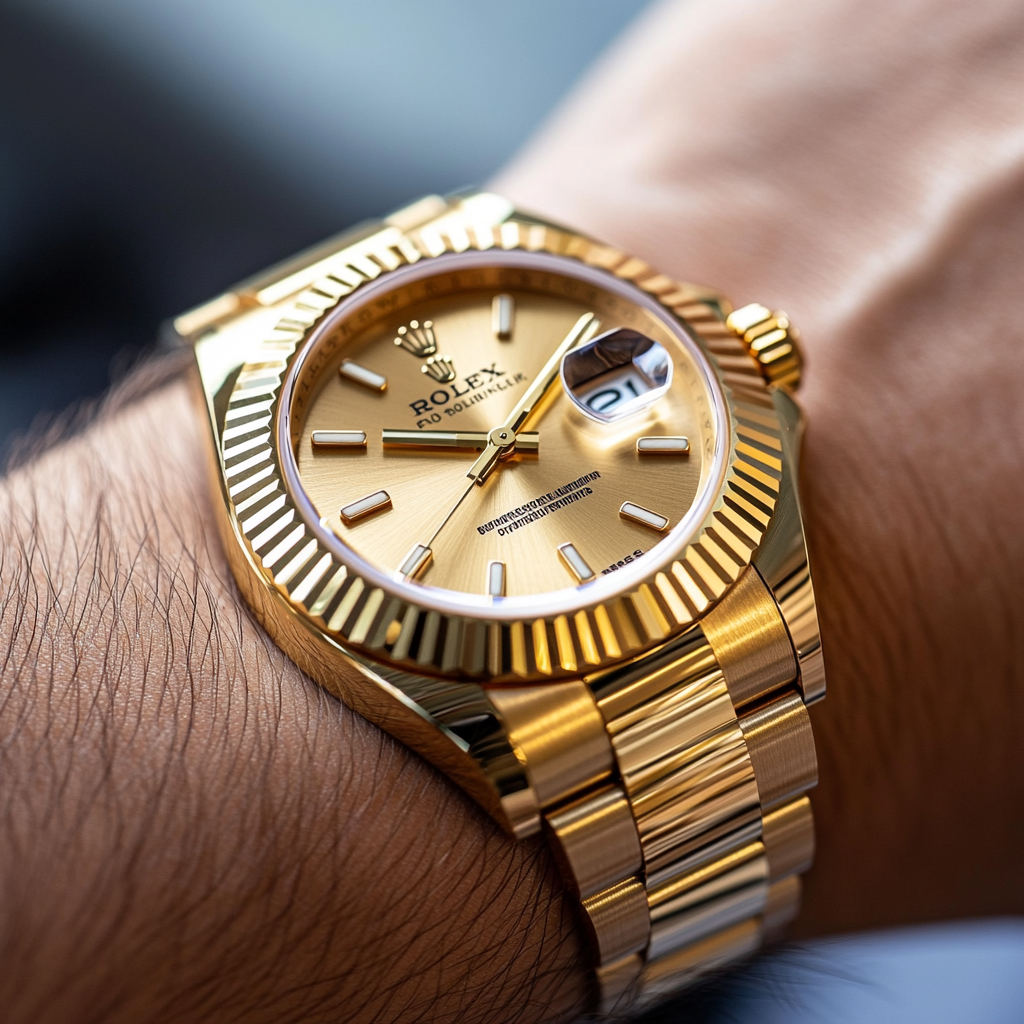 Gold Rolex watch on wrist, close-up view.