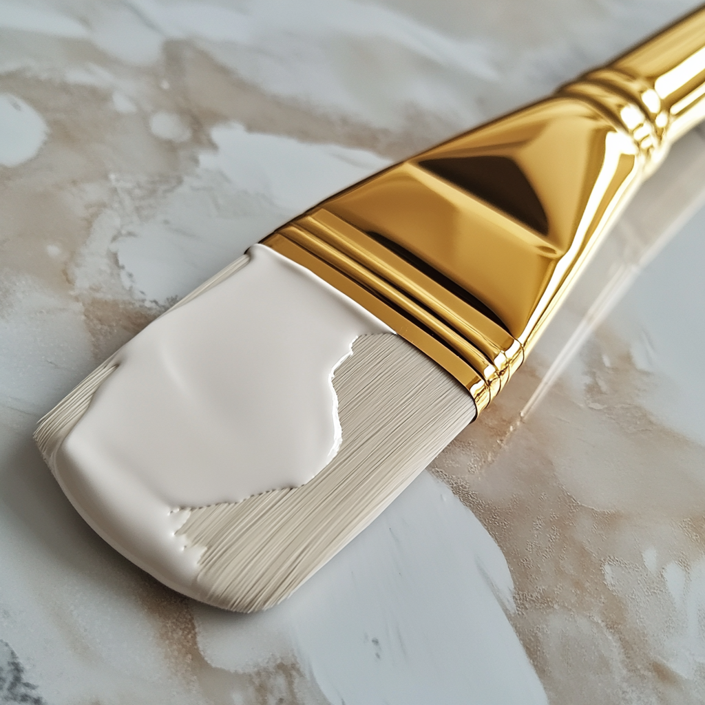 Gold-handled paintbrush with spilled shades of coffee and white.