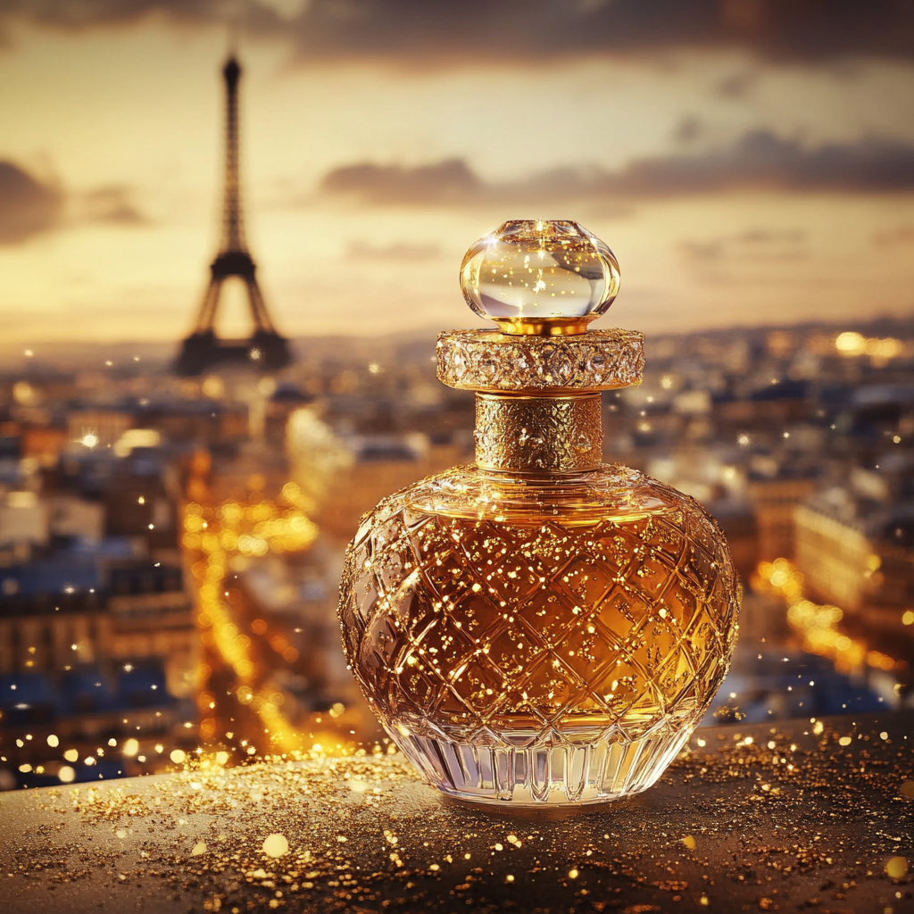 Gold particles in elegant French perfume bottle, historical landscape