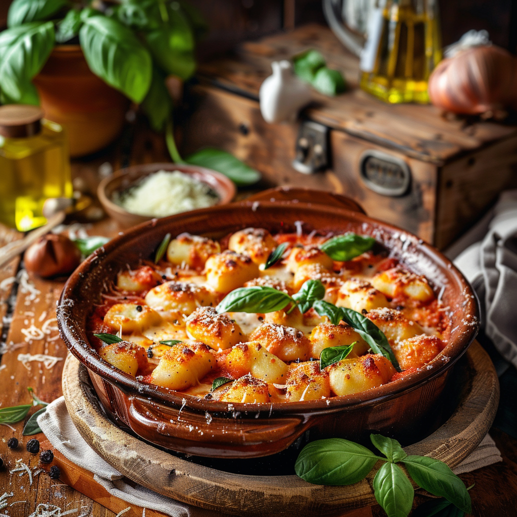 Golden, bubbling gnocchi alla sorrentina with melted mozzarella.