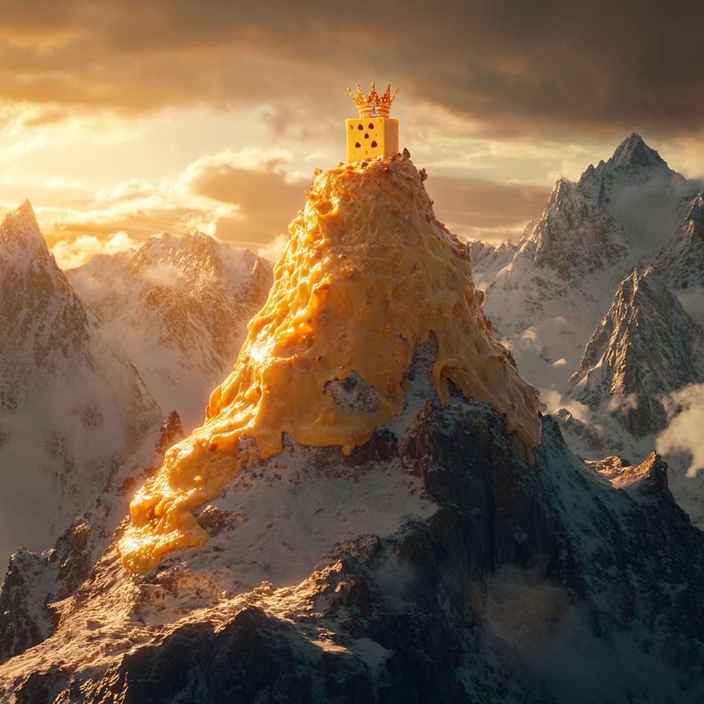 Golden, royal grilled cheese atop mountain, cinematic masterpice.