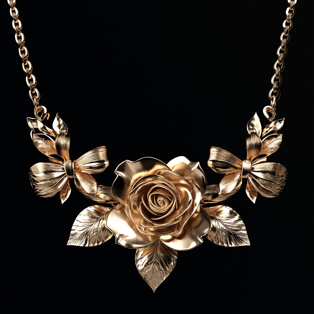 Golden 24K necklace with rose, bow tie shapes.