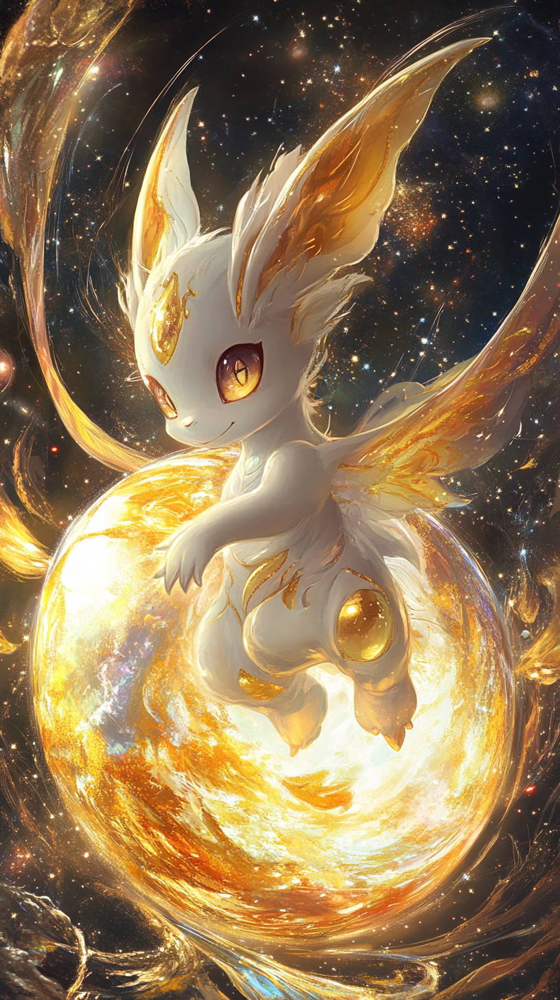 Golden Arceus hatching from celestial egg in cosmic background.