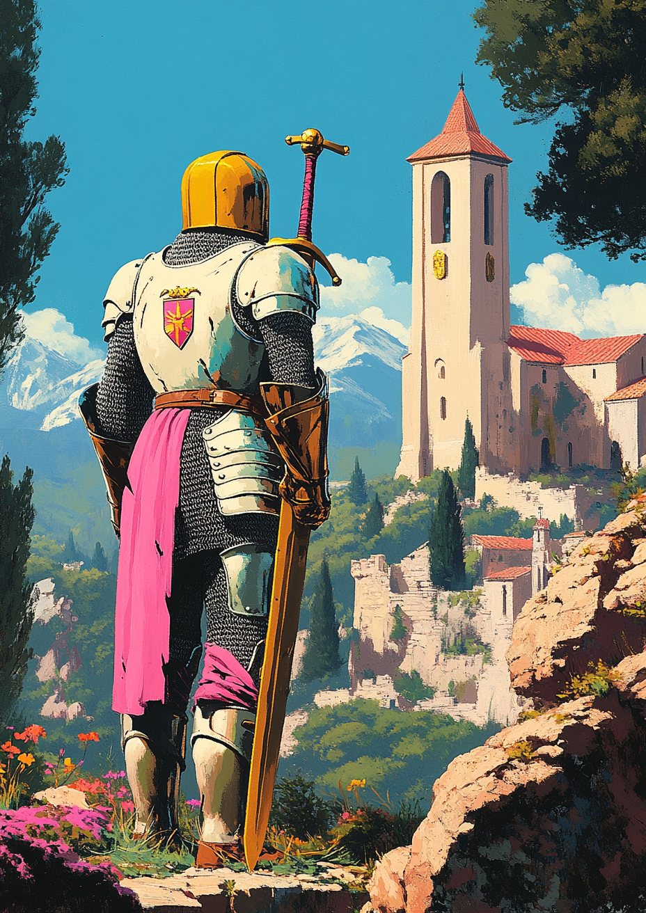 Golden Axe Knight with Sapphire Emblem Standing Near Rose Chapel