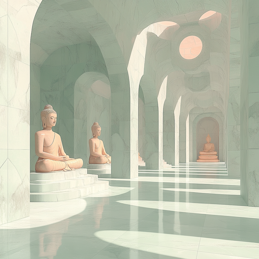 Golden Buddha statues in futuristic Hindu temple