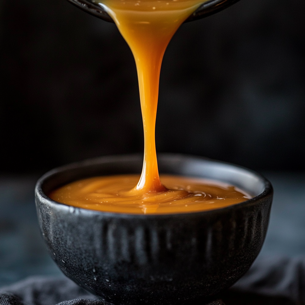 Golden Caramel Pouring into a Black Bowl