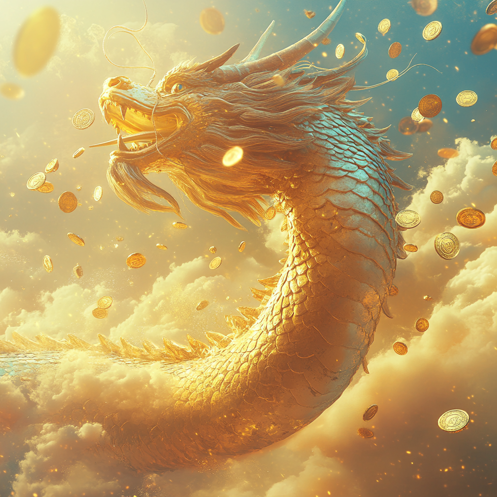 Golden Dragon Showering Coins in Radiant Sky