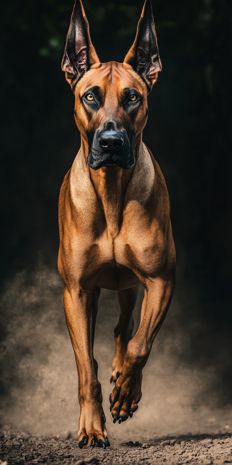 Golden Great Dane with horns running in mist.