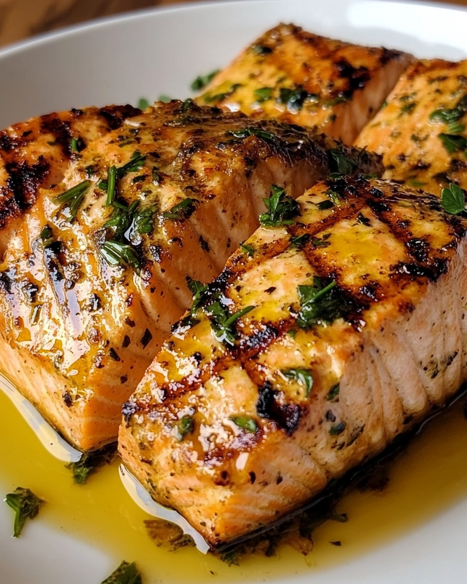 Golden Grilled Salmon in Herb Butter Bowl, Delicious Close-Up.