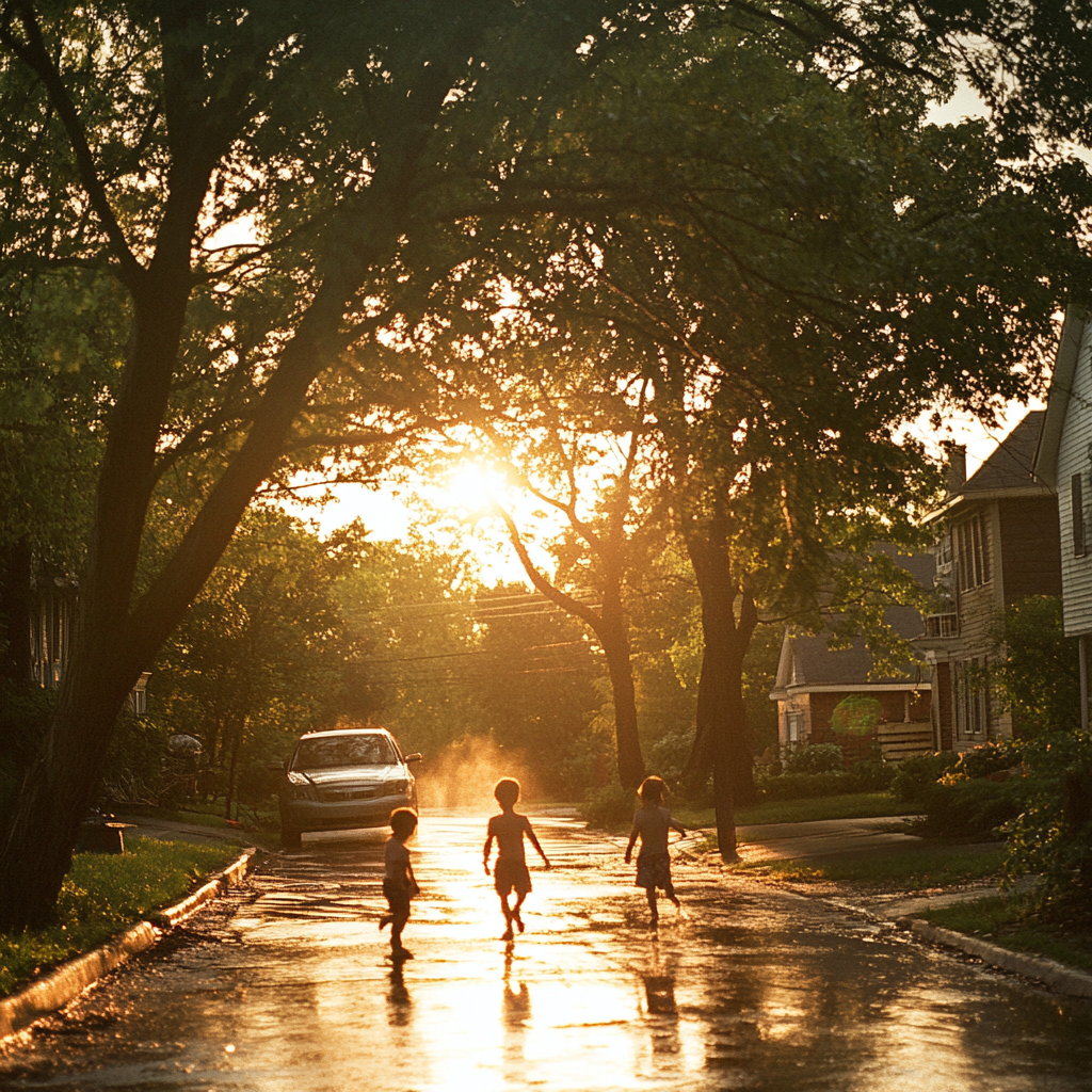 Golden Hour Childhood Play In Suburban Neighborhood