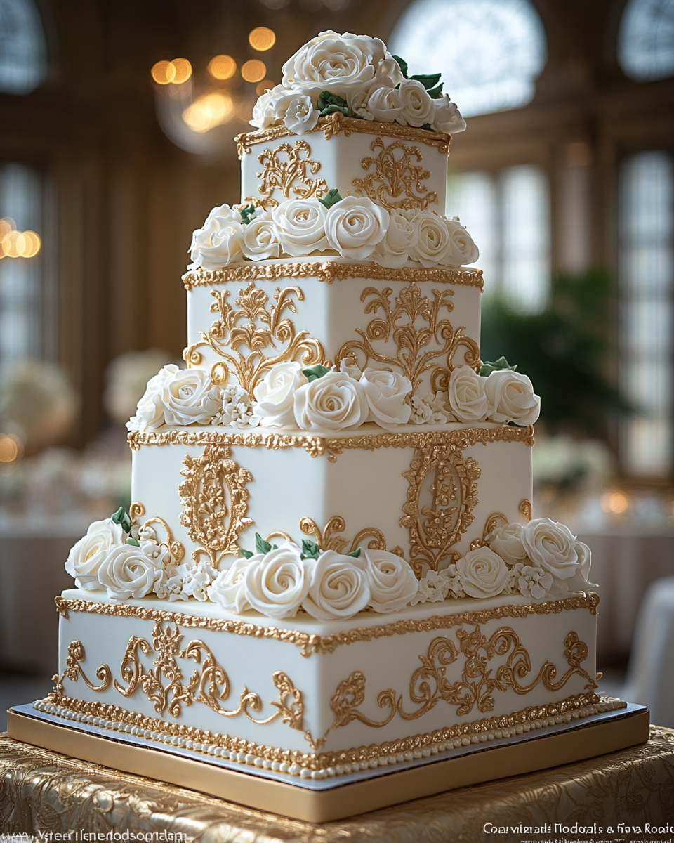 Golden Iolani Palace Inspired Cake Display in Ballroom.