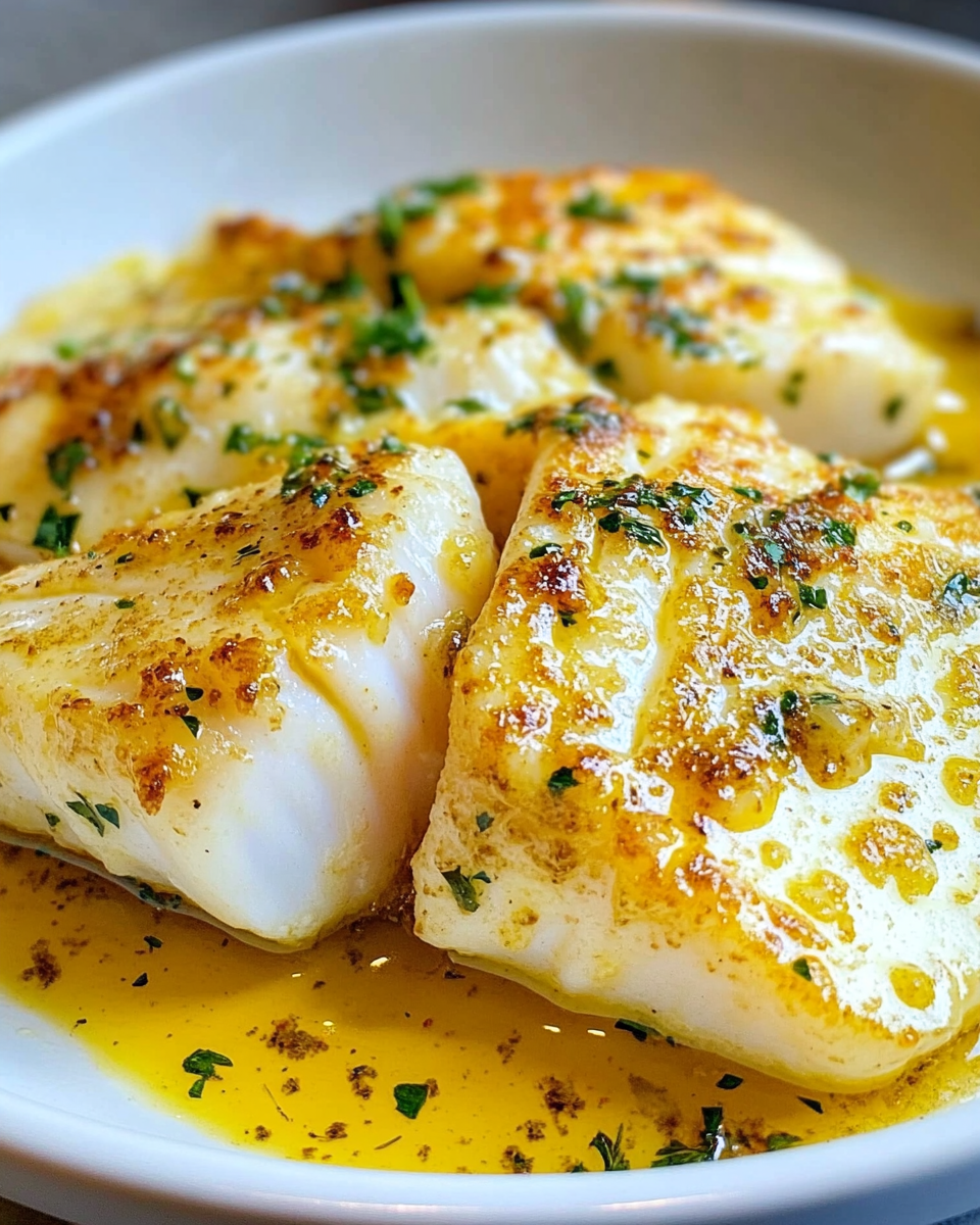 Golden Lemon Butter Scallops in White Bowl, Close-Up.