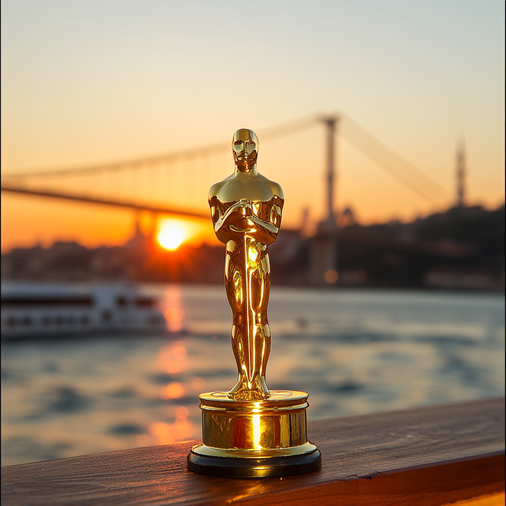 Golden Oscar statue dances on Bosphorus Bridge at sunset.