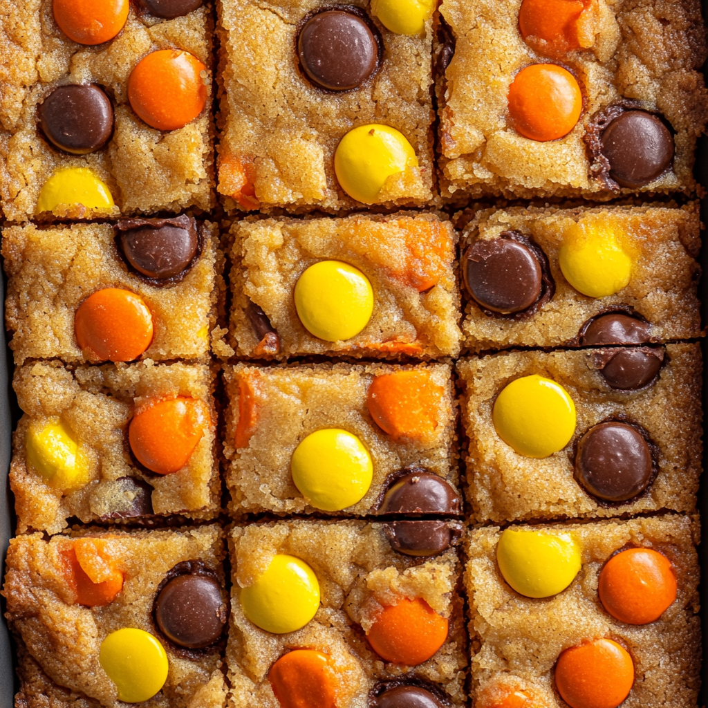 Golden Reese's Pieces Cookie Bars in Baking Pan