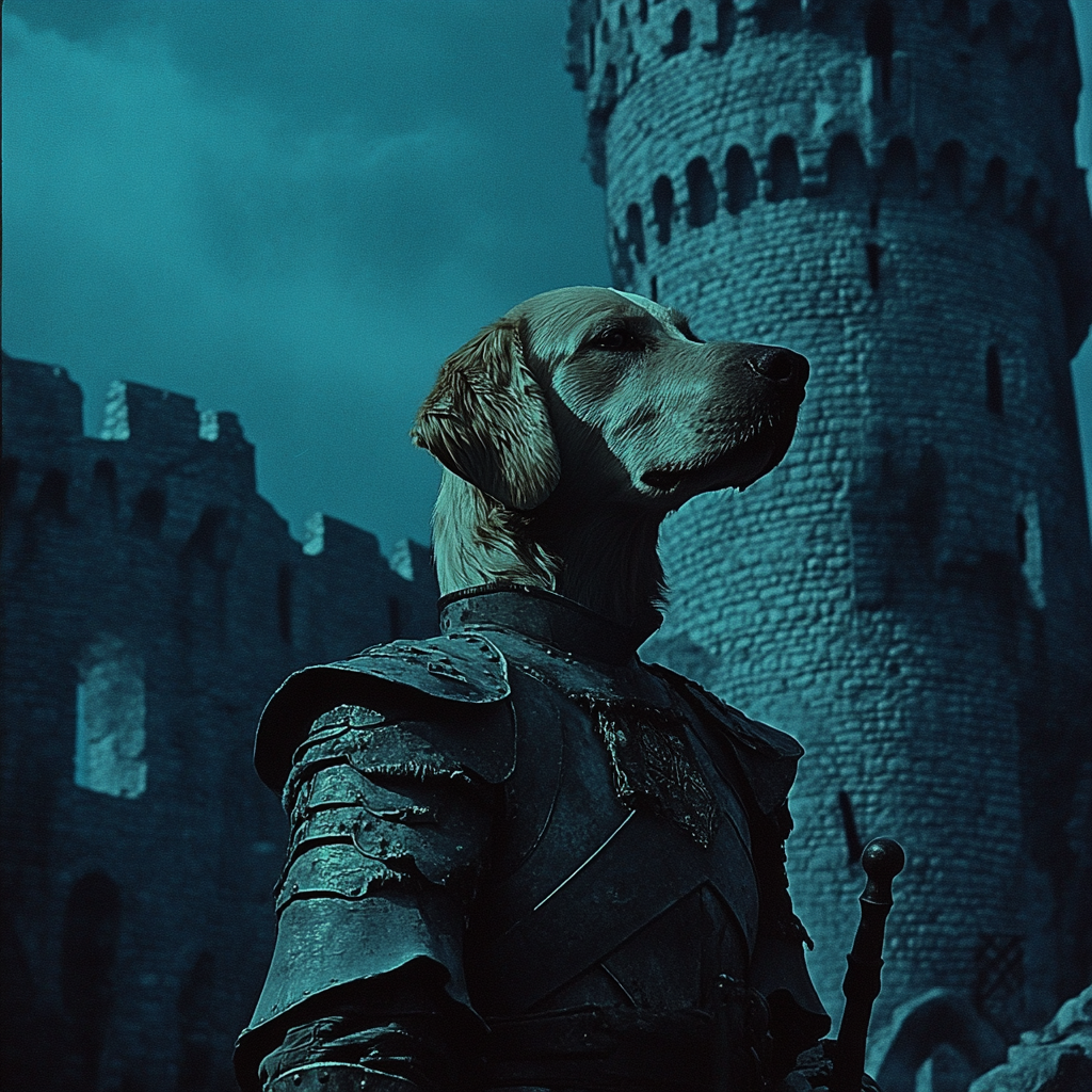 Golden Retriever Knight in Eerie Medieval Castle