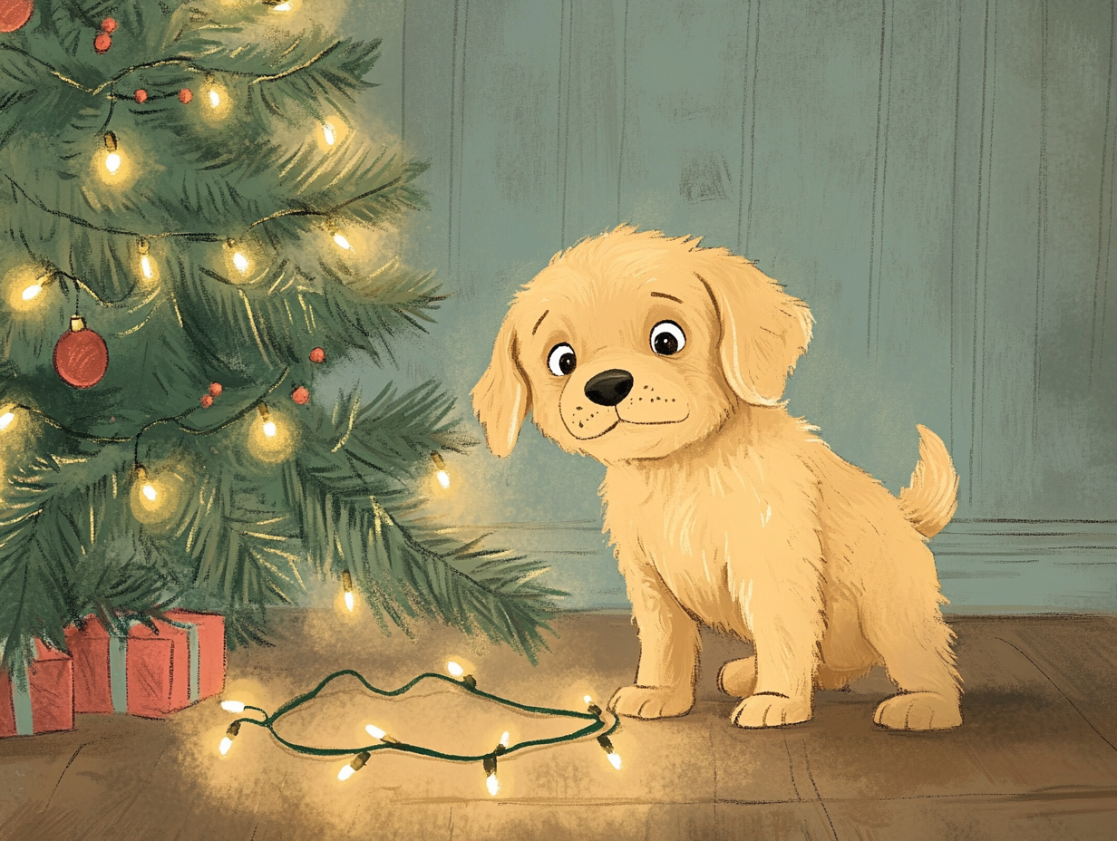 Golden Retriever Puppy tangled in Christmas lights near tree.