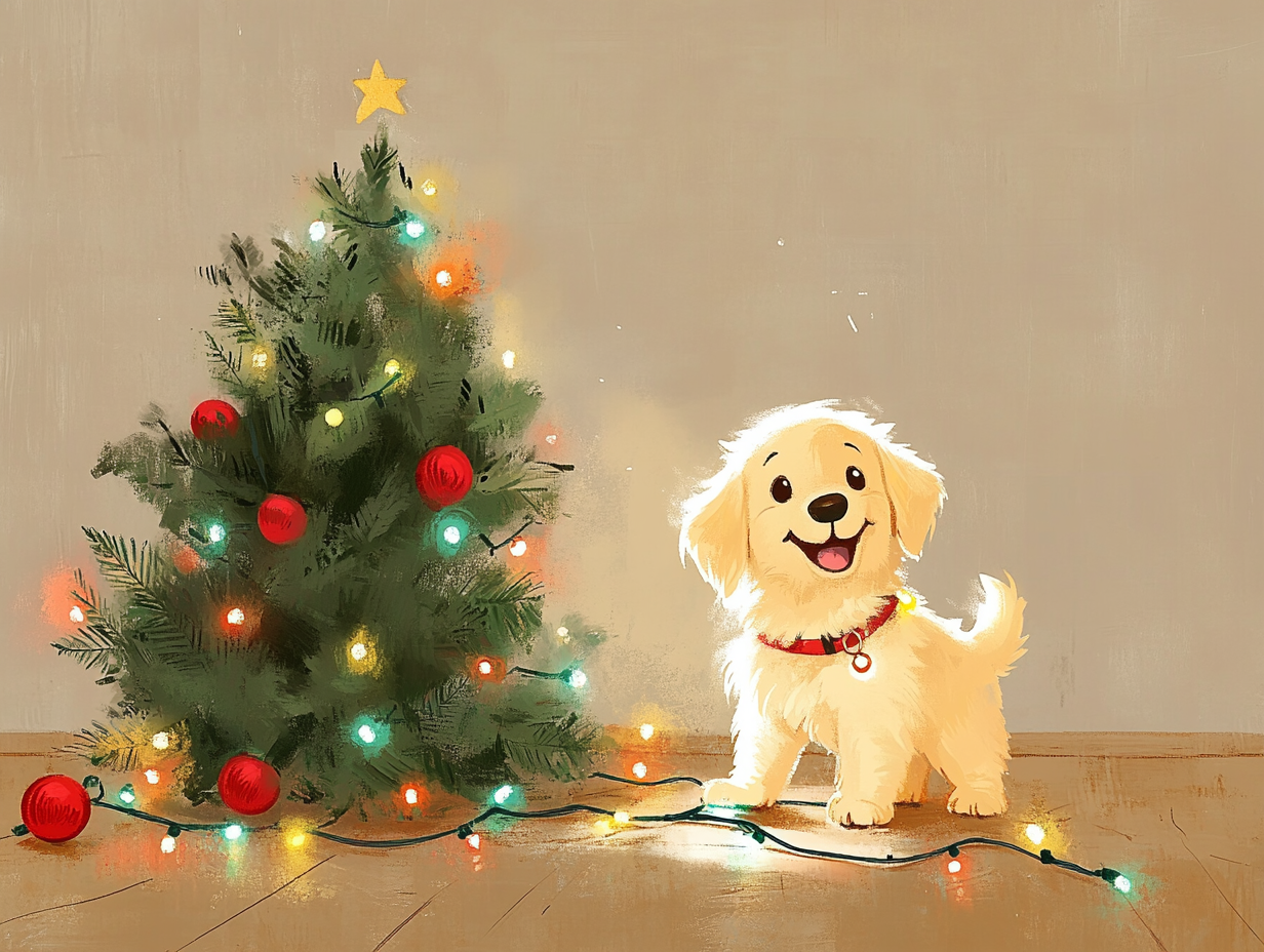 Golden Retriever Puppy with Christmas lights by fallen tree.