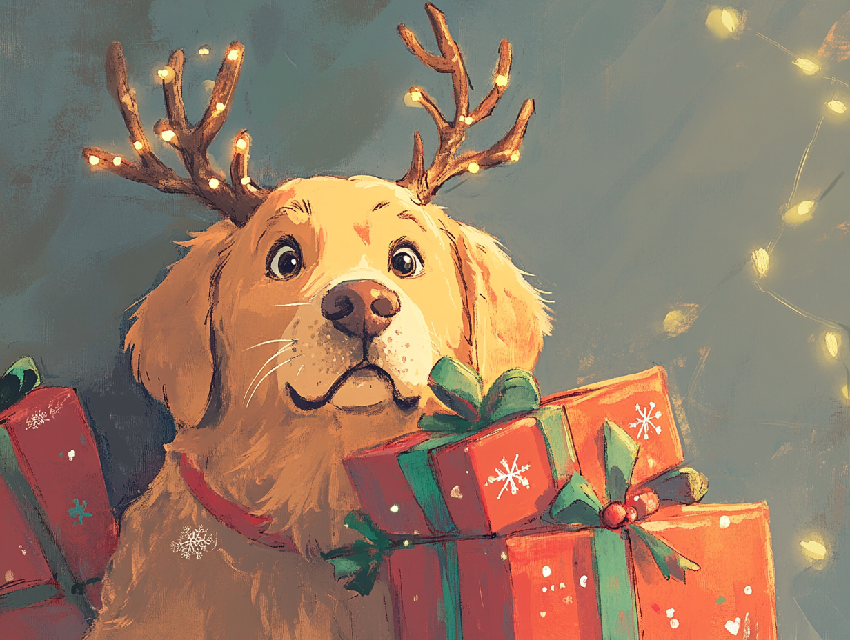 Golden Retriever acting as Grinch stealing Christmas presents.