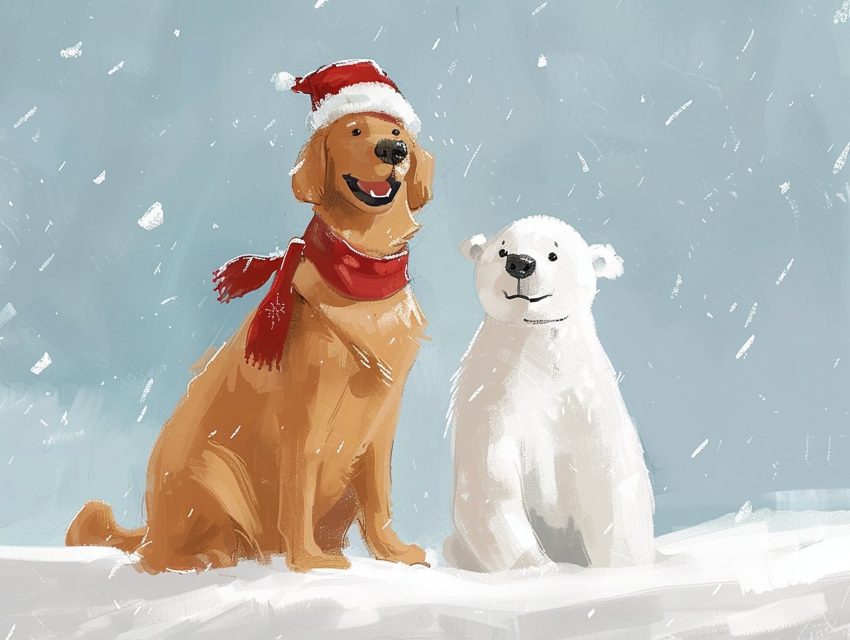 Golden Retriever and Polar Bear in Christmas gear.