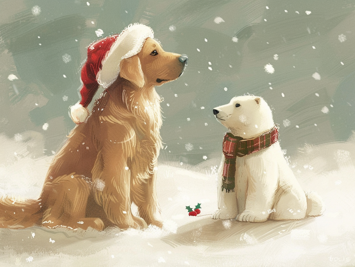 Golden Retriever and Polar Bear in Christmas hats.