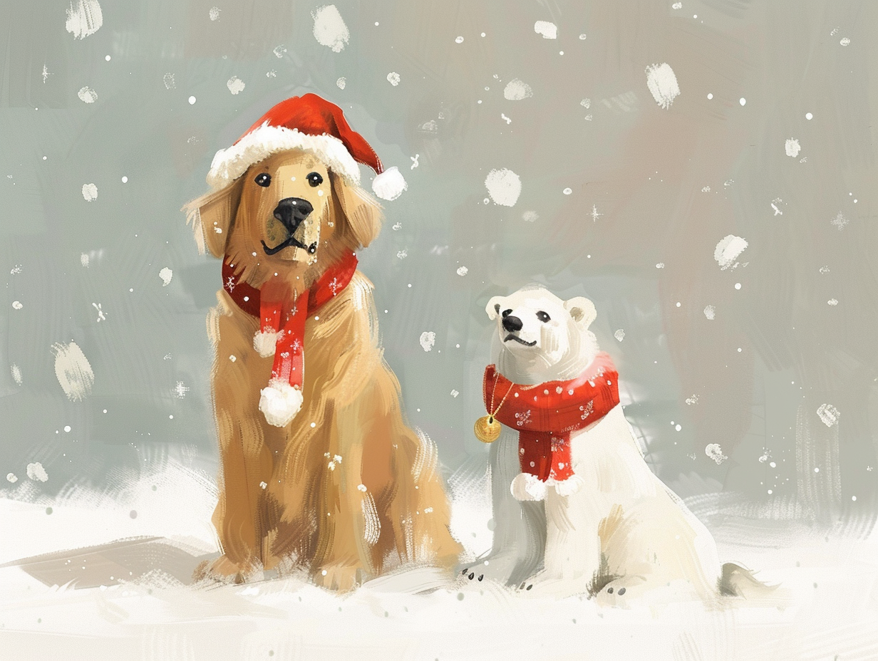 Golden Retriever and Polar Bear in hats and scarves.