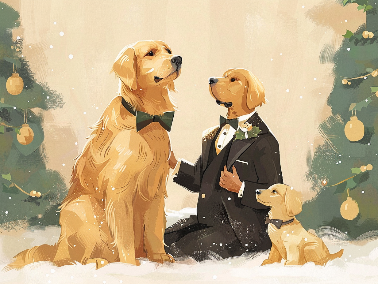 Golden Retriever and girl in tux in soft pastels.