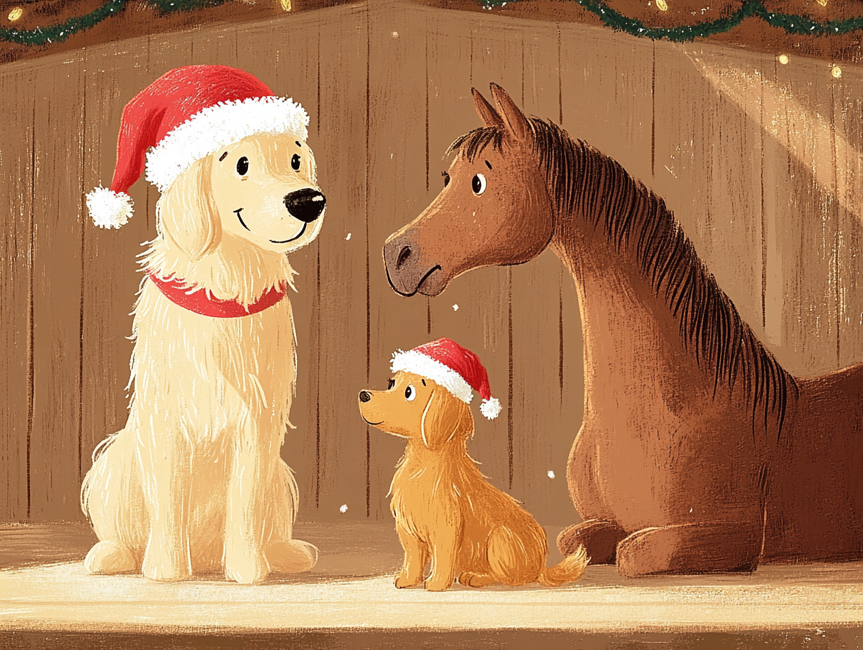 Golden Retriever and regal horse in festive Christmas scene.