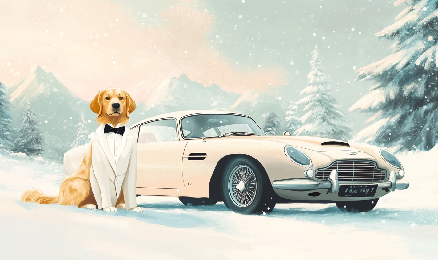 Golden Retriever as James Bond 007 with Aston Martin.