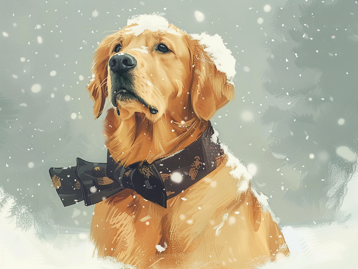 Golden Retriever as James Bond in snow scene.