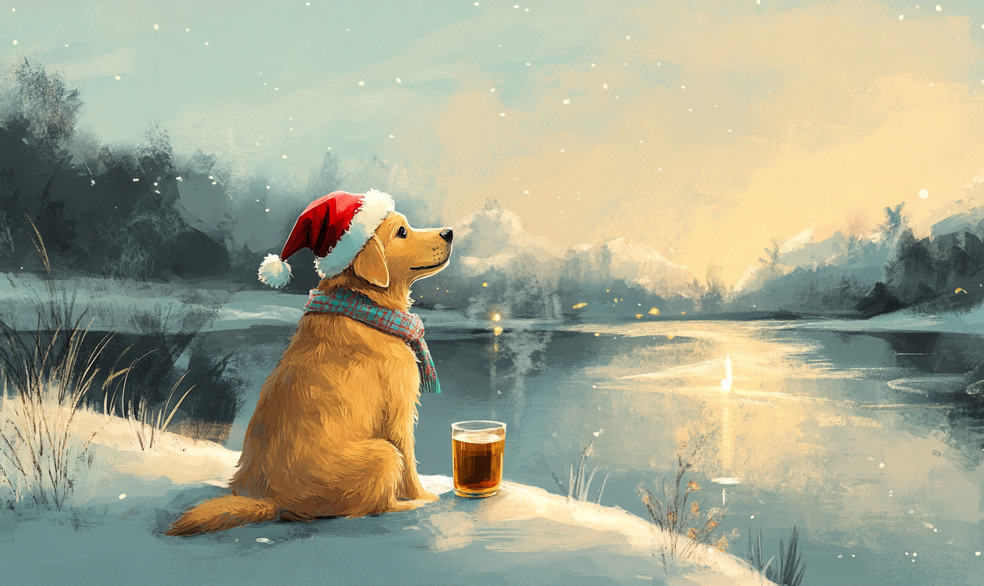 Golden Retriever by lake with hot cocoa in Santa hat.