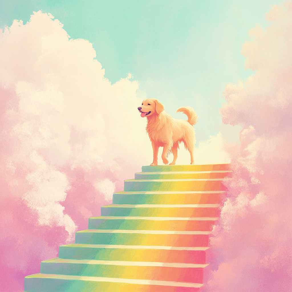 Golden Retriever climbing rainbow stairs in children's book style.