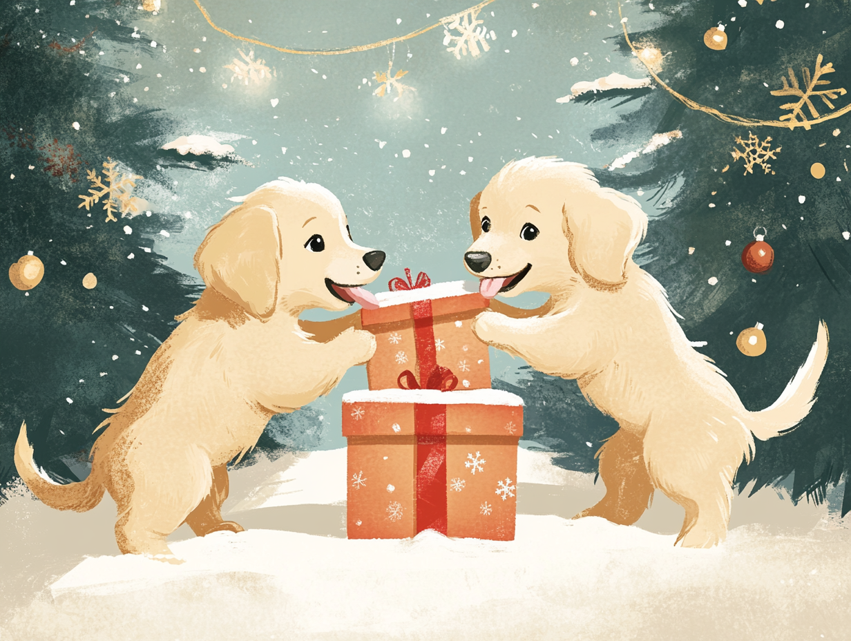 Golden Retriever dogs playing with Christmas present box.