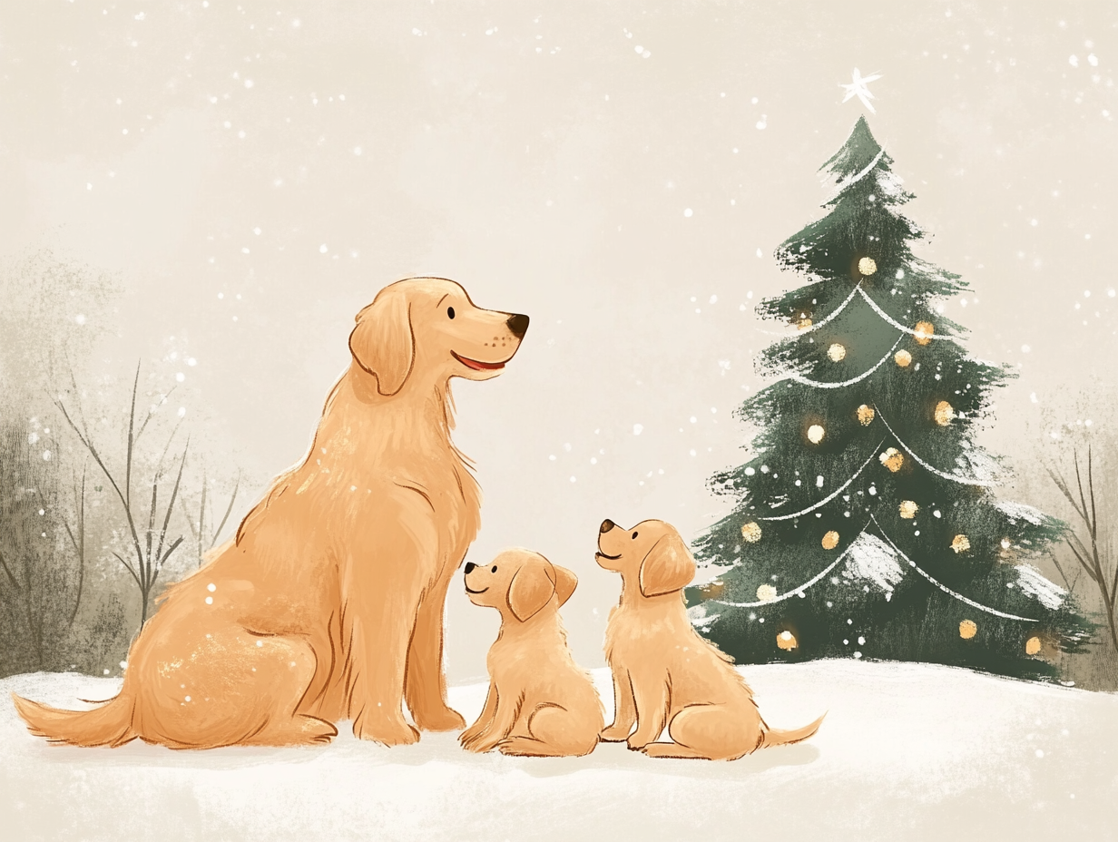 Golden Retriever family with pups beside Christmas tree.