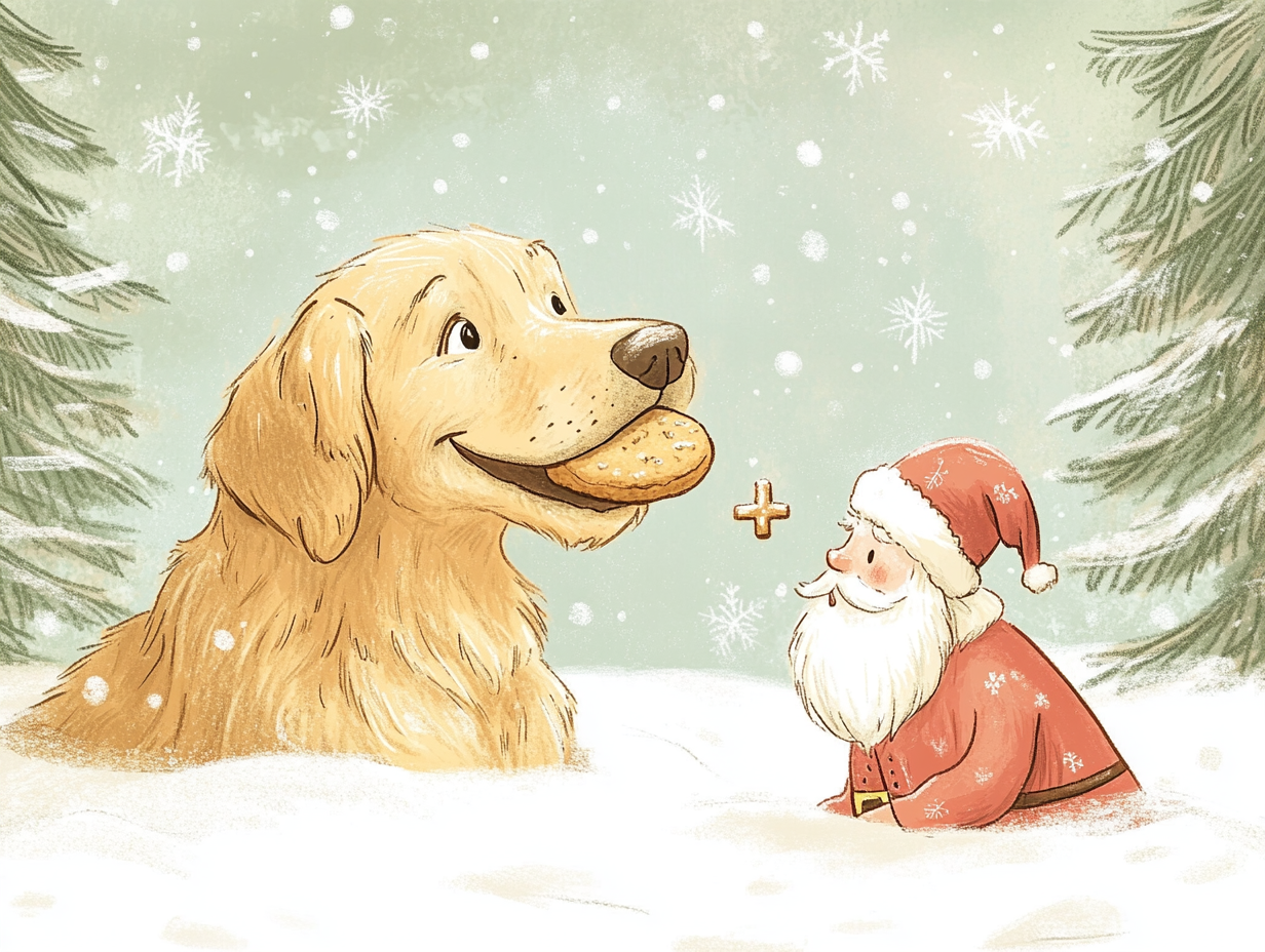 Golden Retriever holding cookie, Santa watching, holiday scene.