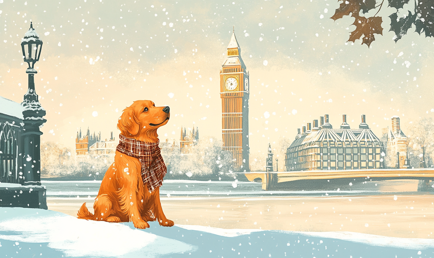 Golden Retriever in London with Big Ben, winter scene.