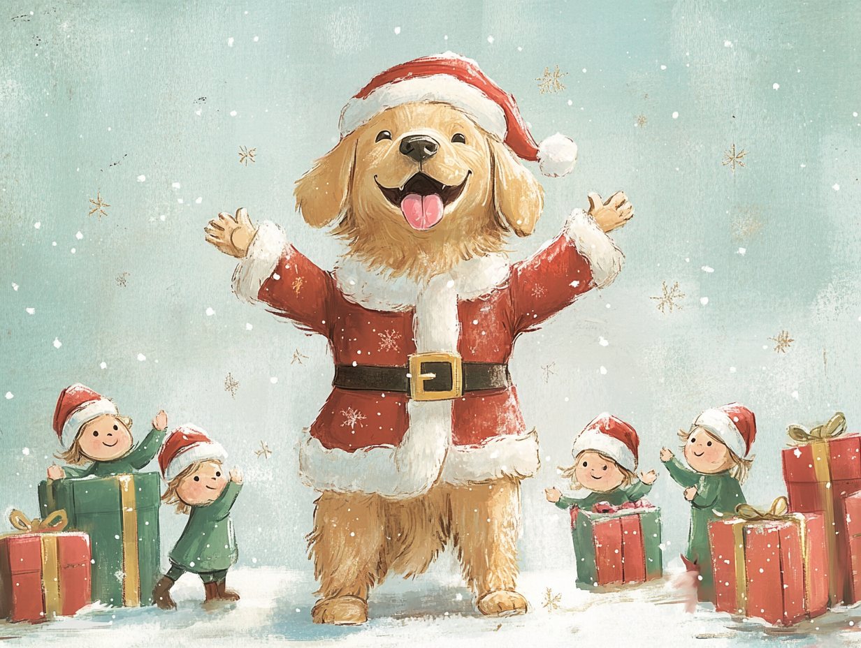 Golden Retriever in Santa Claus costume with elves.