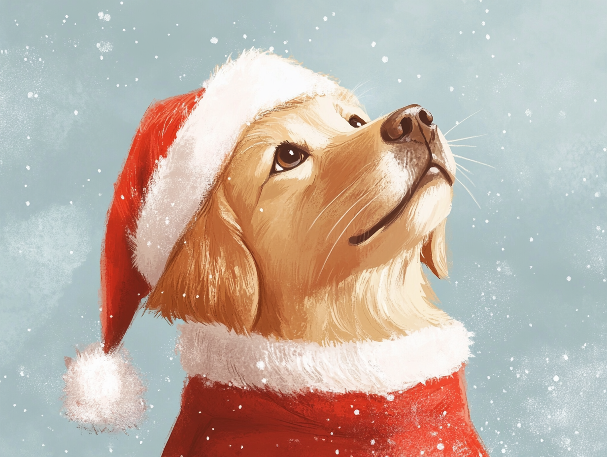 Golden Retriever in Santa clothes, like a storybook.