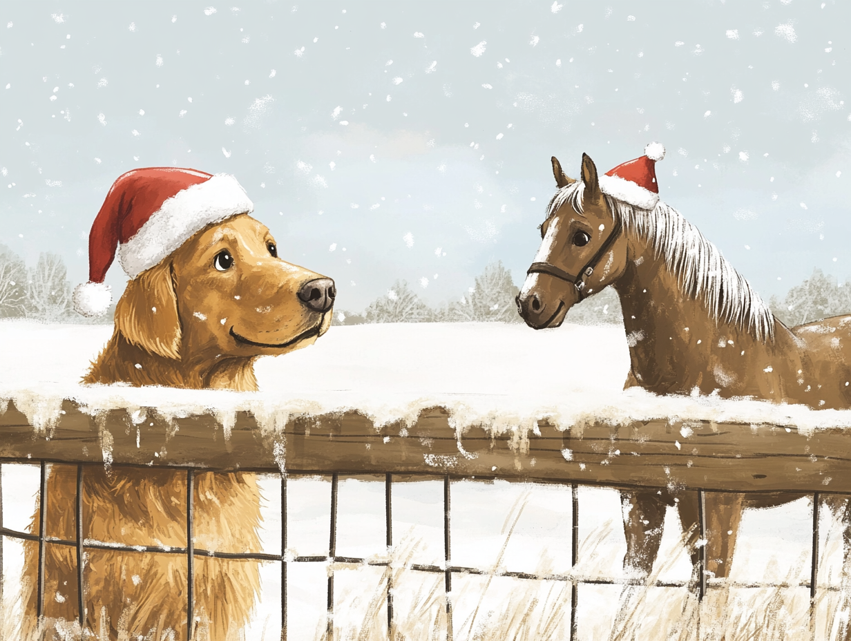 Golden Retriever in Santa hat looks at horse.