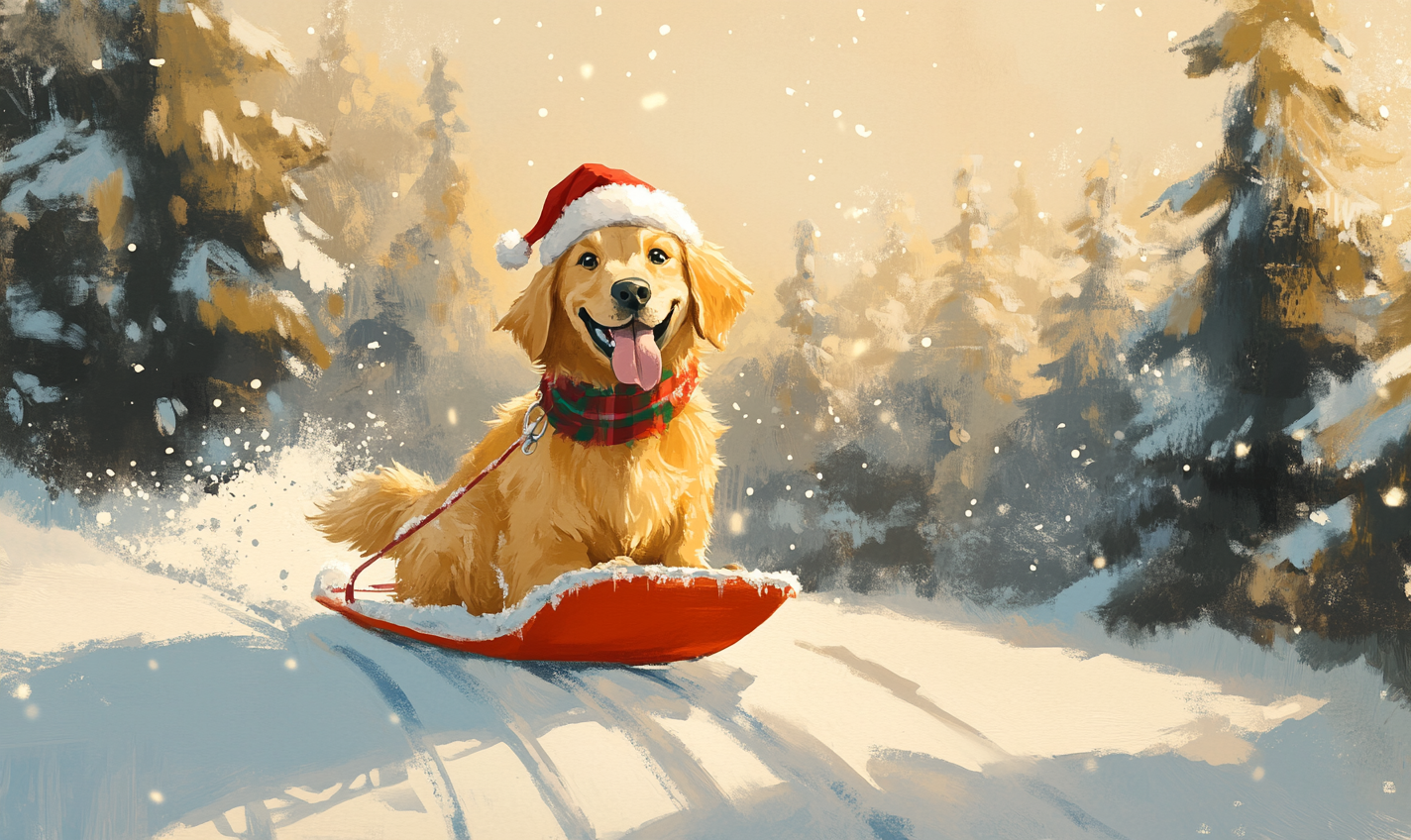 Golden Retriever in Santa hat on sled in snow.