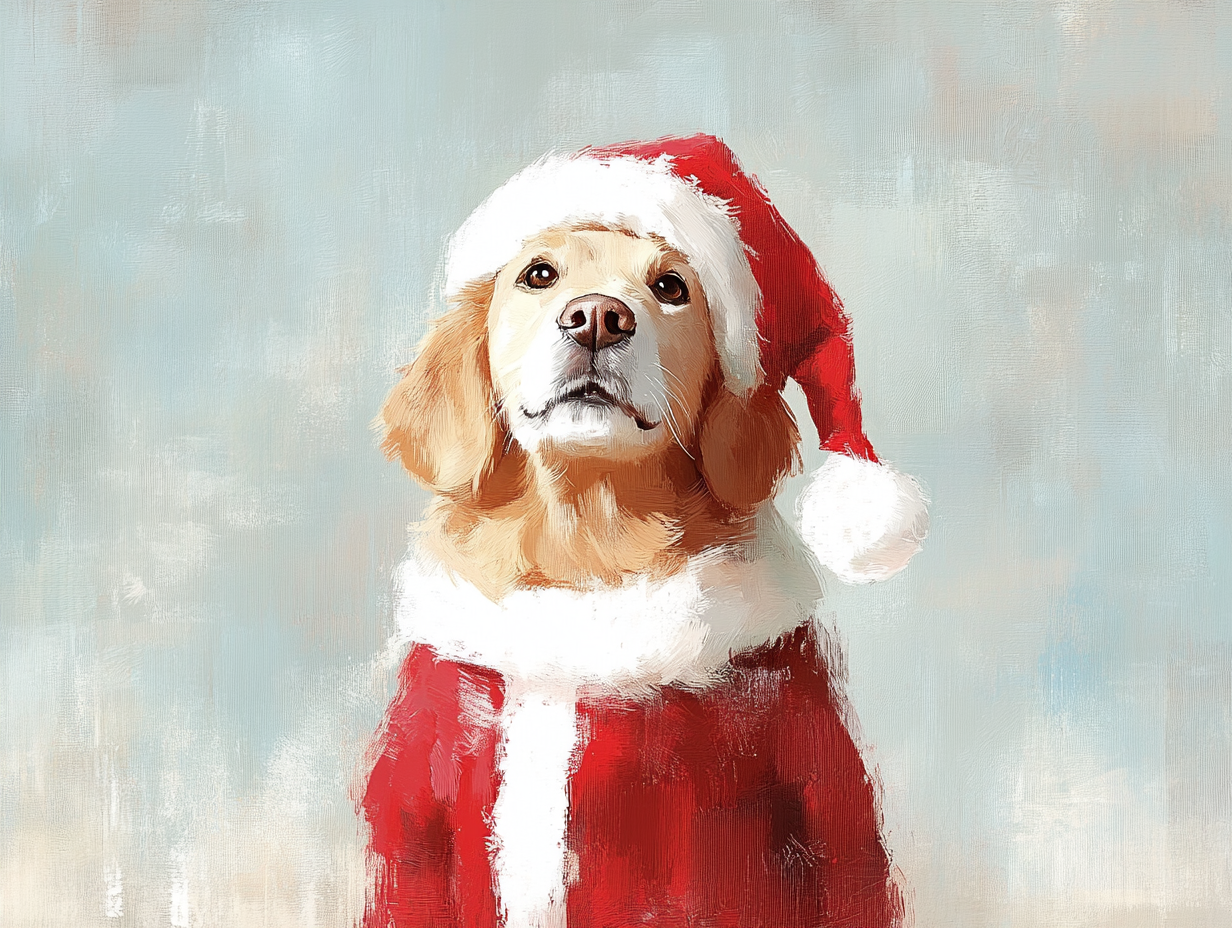 Golden Retriever in Santa outfit, kid's book drawing.