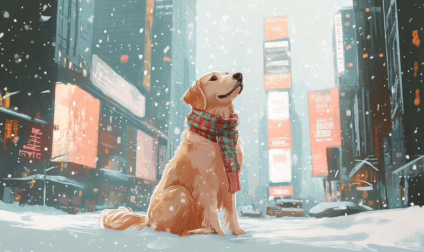 Golden Retriever in Times Square wearing scarf, snowy day.