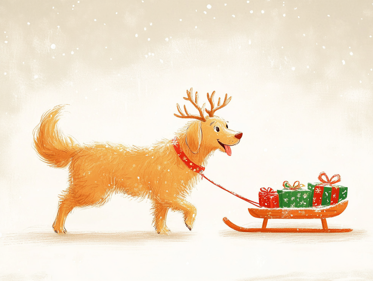 Golden Retriever in reindeer costume pulling sled with gifts.