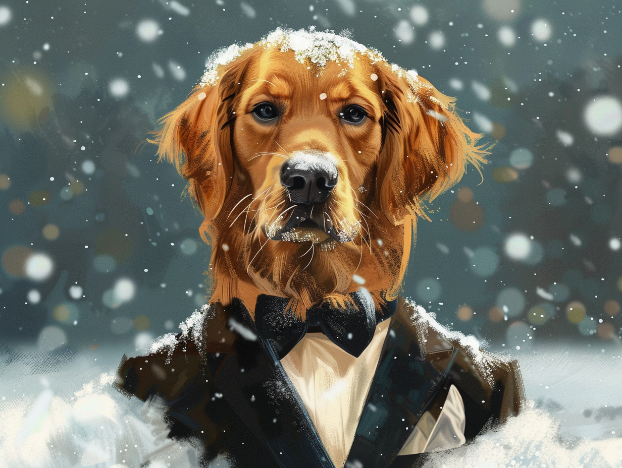 Golden Retriever in tuxedo, James Bond style, festive.