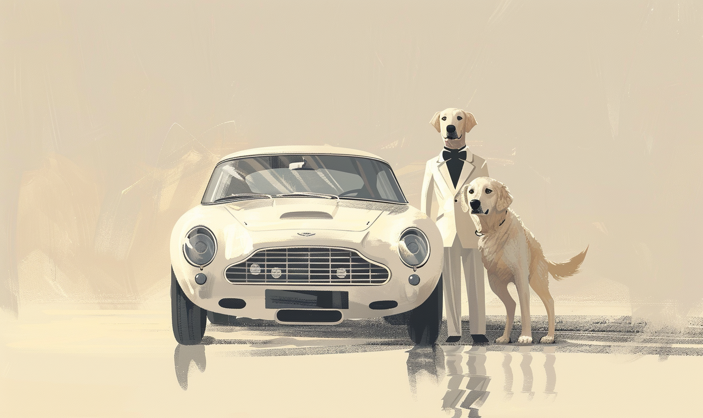 Golden Retriever in tuxedo by car, Christmas children's book.