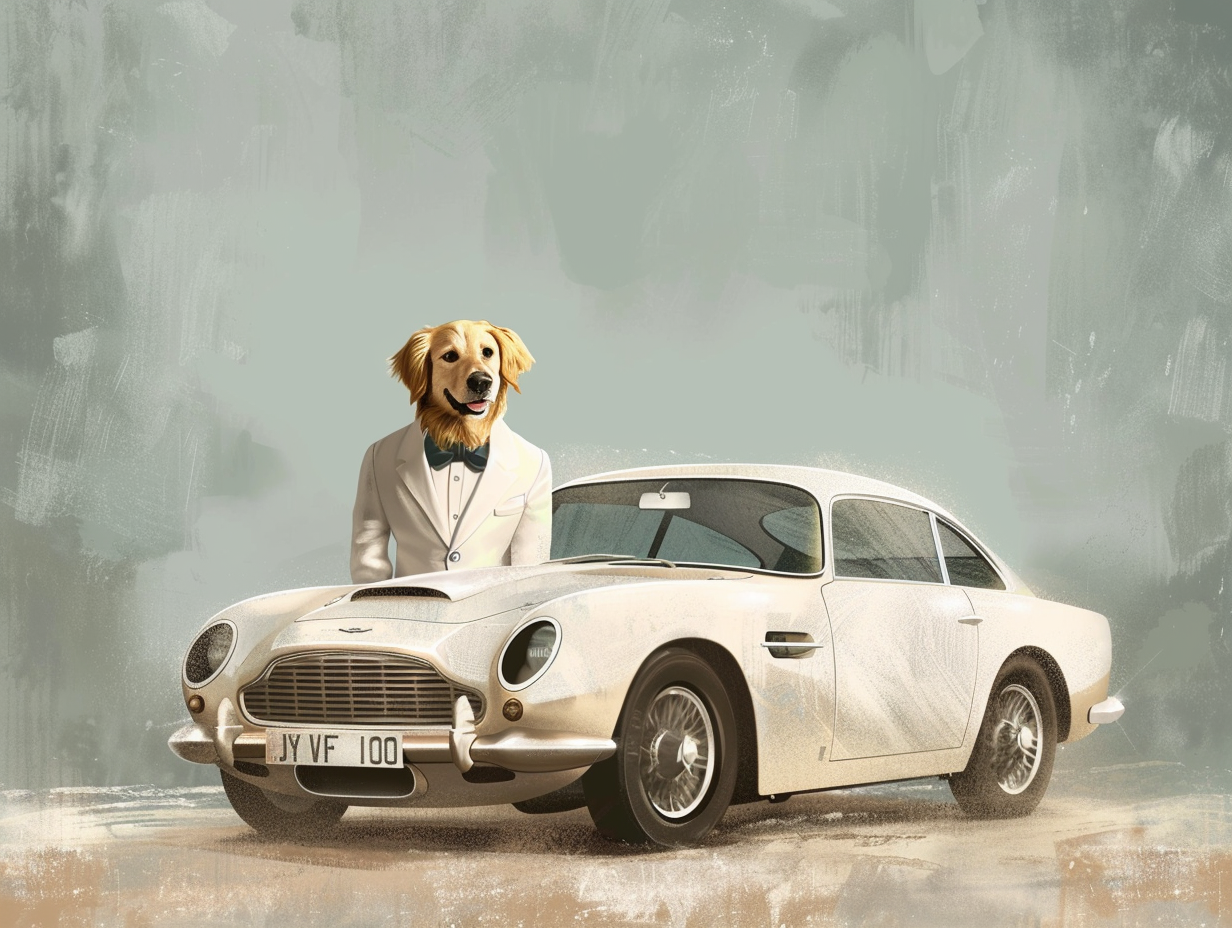 Golden Retriever in white tux with Aston Martin.