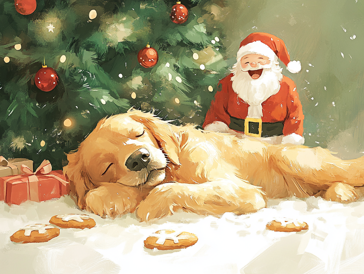 Golden Retriever napping by tree, cookies all around.